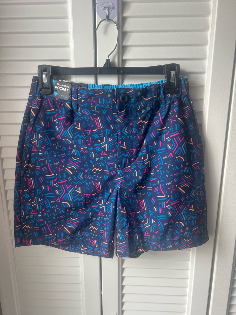 Men's Navy Geo Print Swim Trunks with Cell Phone Pocket